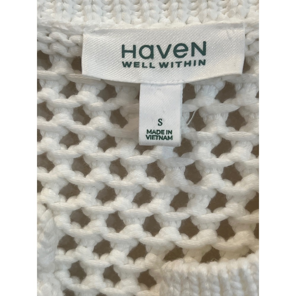 Haven Well Within White Crochet Knit Button Neck Short‎ Sleeve Sweater Top S - Picture 2 of 5
